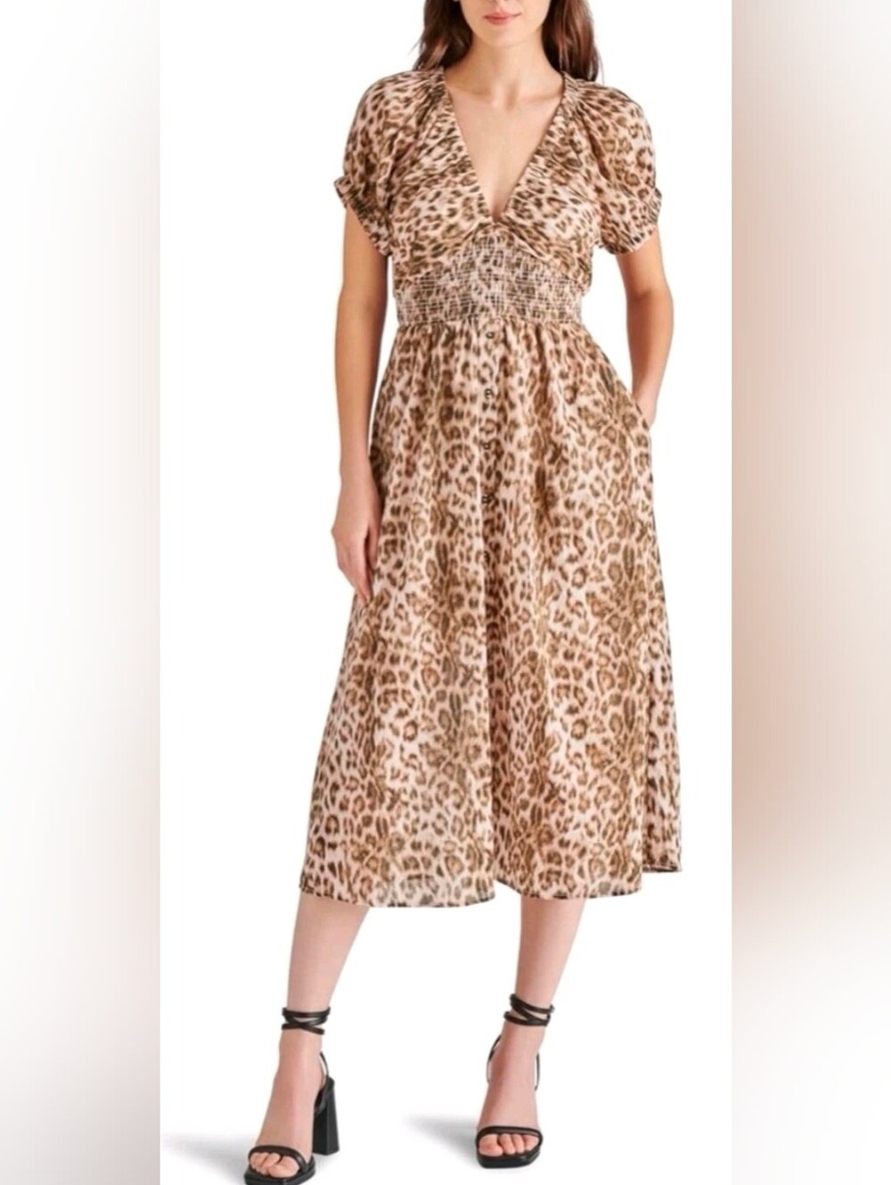 New Steve Madden Leopard Print V-Neck Smocked Waist Midi Dress